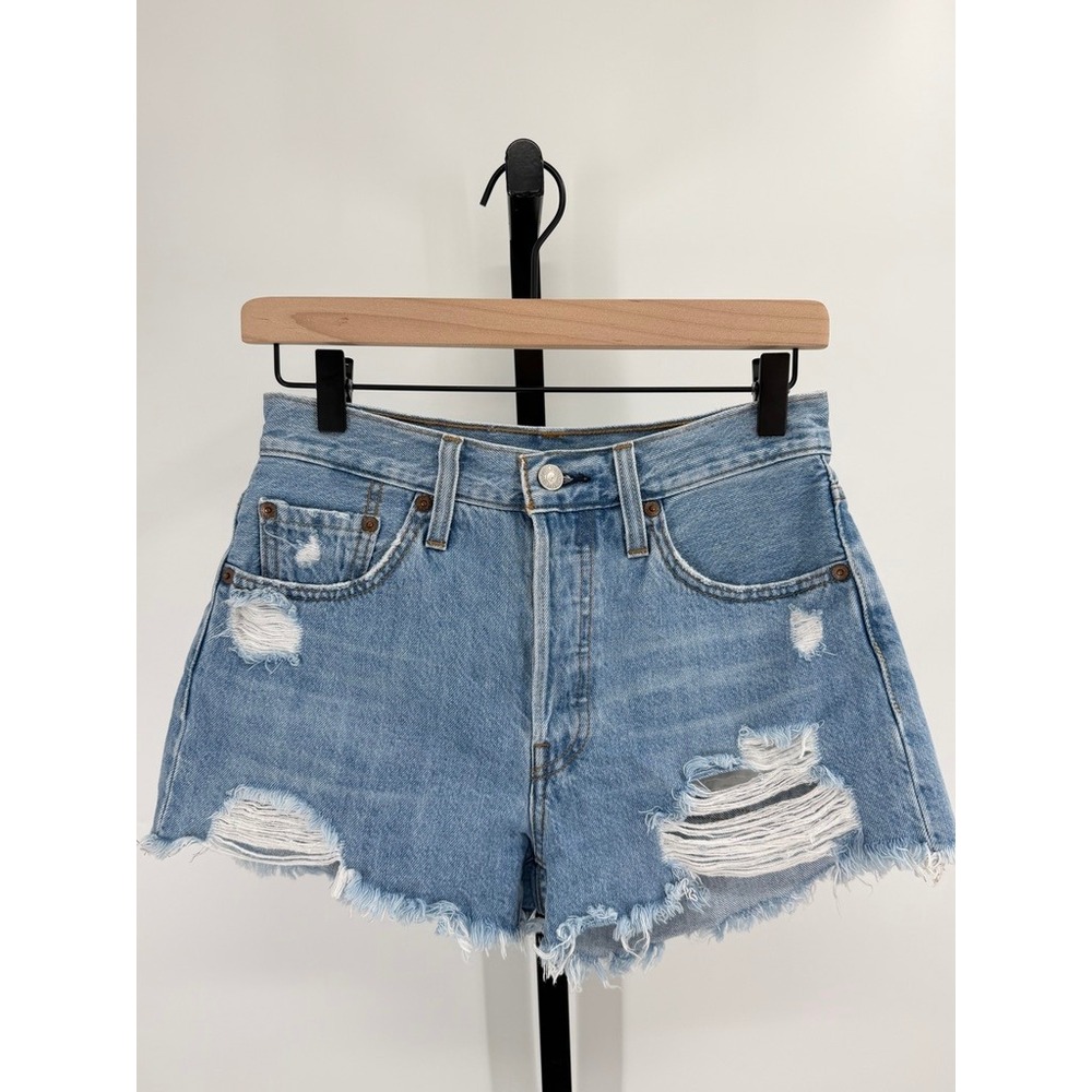 Levis 501 Original Distressed High Rise Denim Shorts Light Wash Blue W25